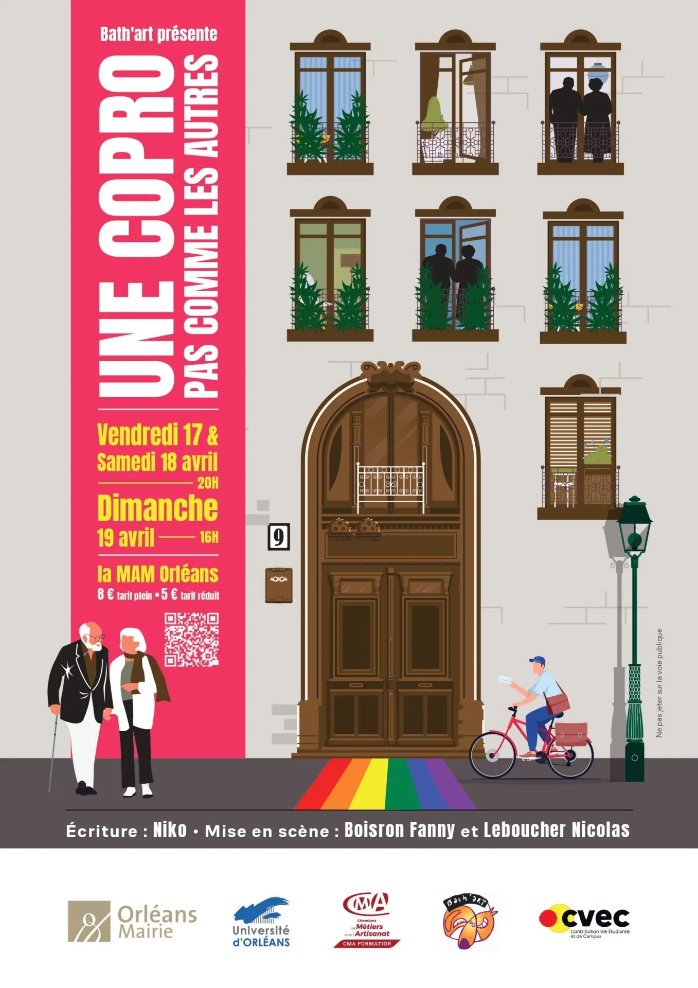 Affiche d’Une copro pas comme les autres : la façade d’un immeuble aux fenêtres habitées, une grande porte en bois, un bandeau rose avec le titre.