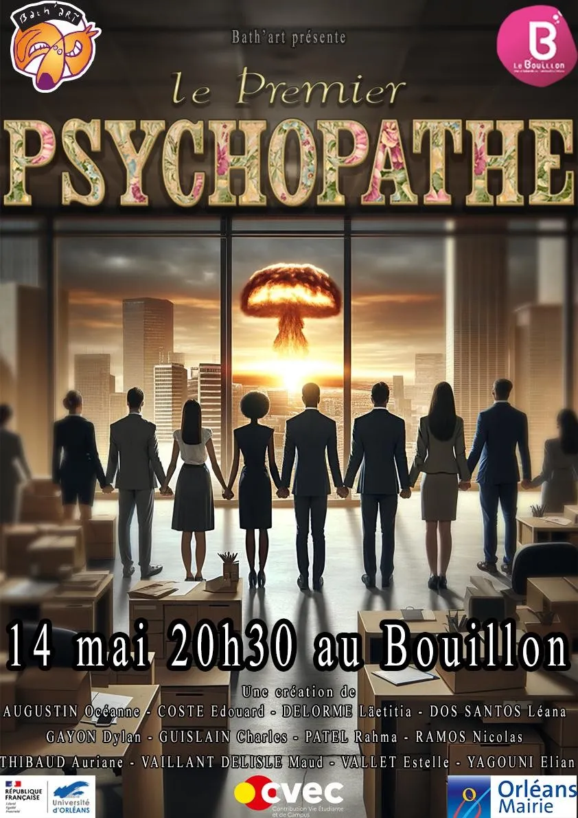 Affiche du Premier Psychopathe : des employés de bureau se tiennent la main face à une baie vitrée, un champignon atomique au loin sur la ville.